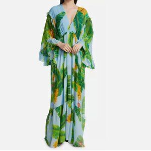 FARM Rio fresh bananas butterfly-sleeve maxi dress size small blue resort NWT